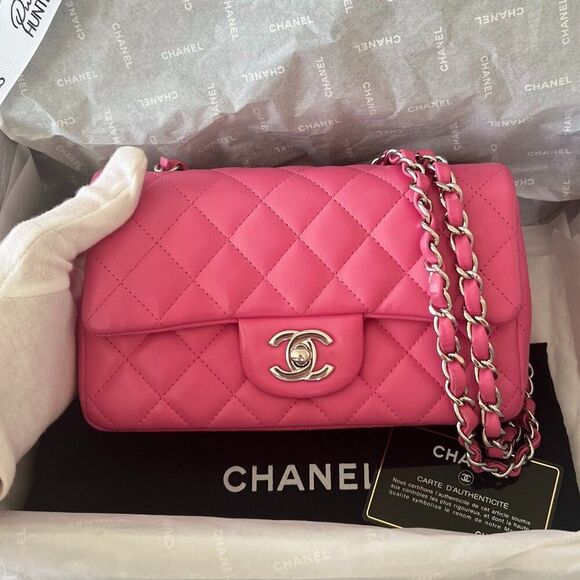 100% Authentic CHANEL Mini Rectangular in Pink Lambskin SHW - Picture 1 of 13